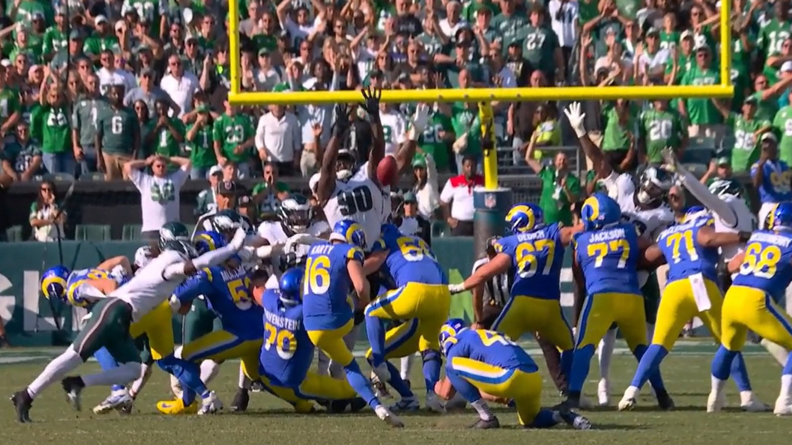 Eagles DT Jalen Carter blocked field goal by Ram' Carty