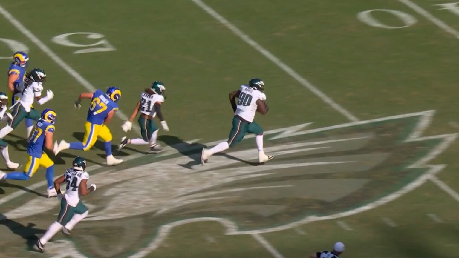 Eagles DT Jordan Davis running for game-winning 61-yard touchdown in the Rams vs Eagles matchup on Sunday, Sept. 21.