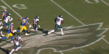 Eagles DT Jordan Davis running for game-winning 61-yard touchdown in the Rams vs Eagles matchup on Sunday, Sept. 21.
