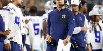 Dallas Cowboys head coach Brian Schottenheimer looks on during the second quarter against the Atlanta Falcons.
