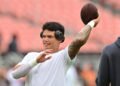 Cleveland Browns quarterback Dillon Gabriel (5) warms up before the game between the Browns and the Rams at Huntington Bank Field.
