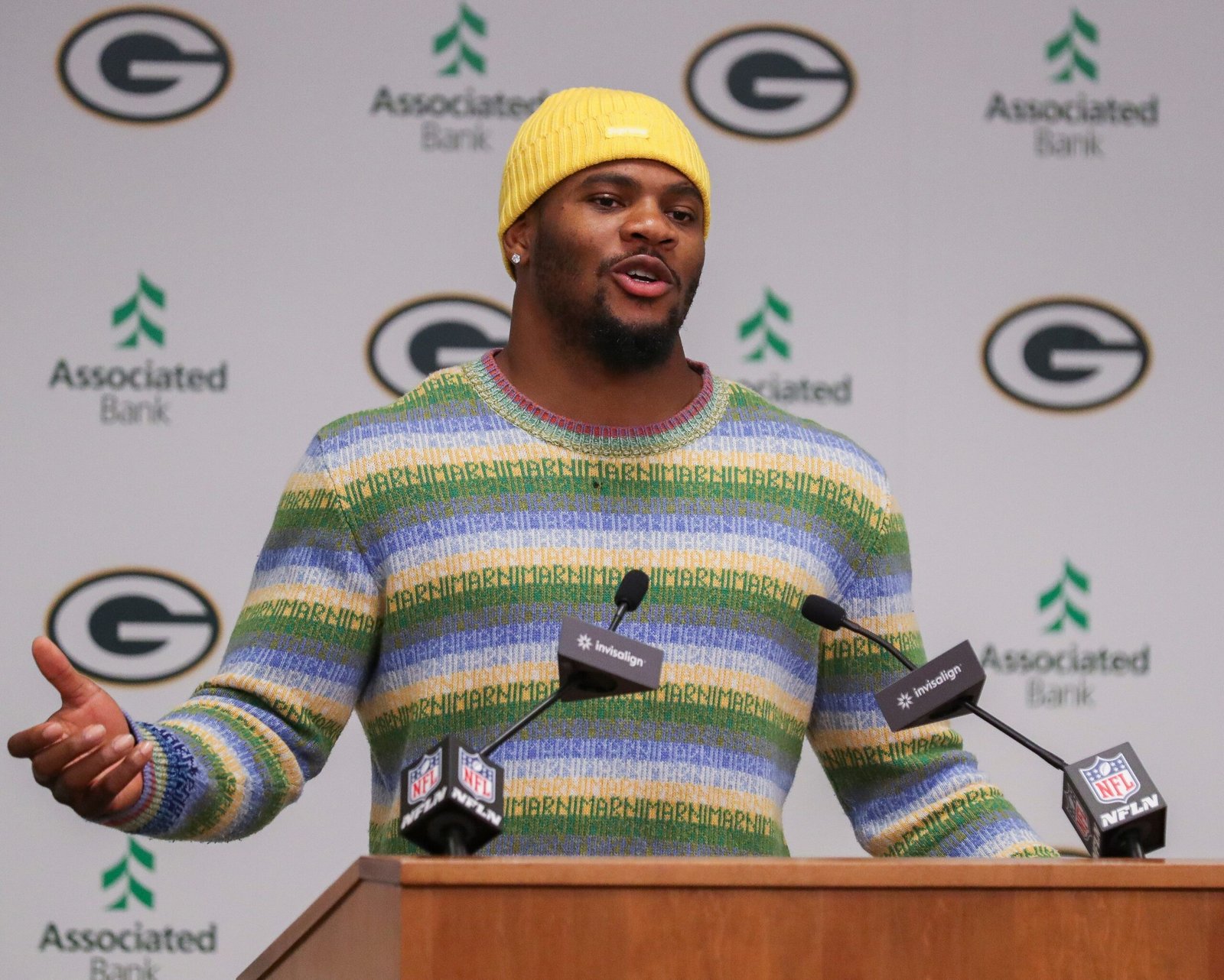 Green Bay Packers edge rusher Micah Parsons speaks during an introductory press conference on Friday, August 29, 2025, at Lambeau Field in Green Bay, Wis. The Packers made a trade with the Dallas Cowboys on Aug. 28 to acquire Parsons in exchange for defensive tackle Kenny Clark and two first round picks