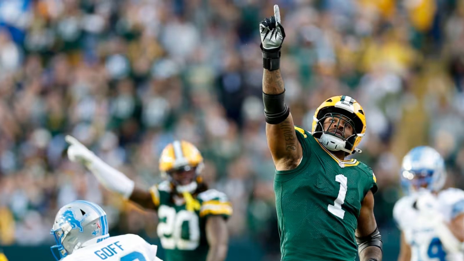 Micah Parsons celebrates after sacking Jared Goff of the Detroit Lions