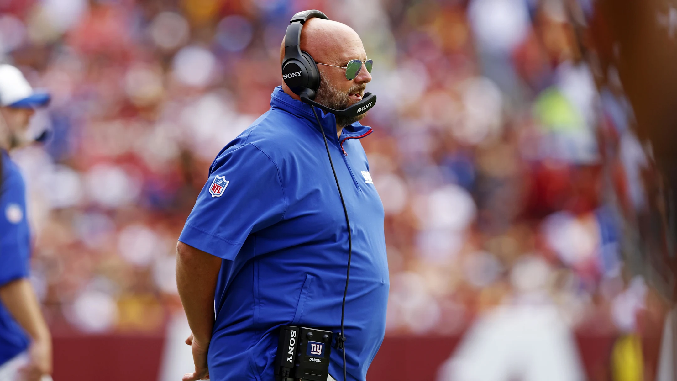 New York Giants head coach Brian Daboll looks on during the second quarter against the Washington Commanders at Northwest Stadium.