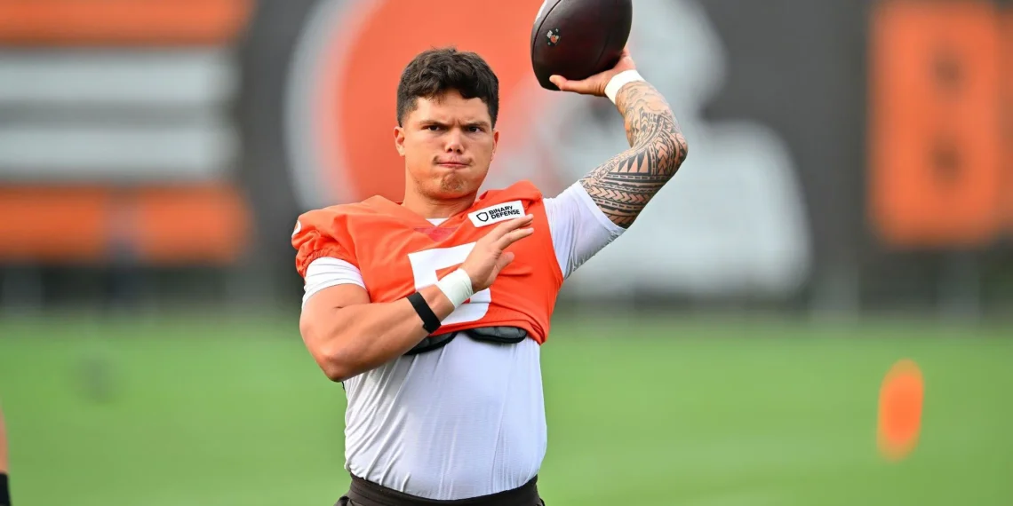 Quarterback Dillon Gabriel #5 of the Cleveland Browns warms up during training camp at CrossCountry Mortgage Campus on July 26, 2025 in Berea, Ohio.