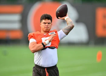 Quarterback Dillon Gabriel #5 of the Cleveland Browns warms up during training camp at CrossCountry Mortgage Campus on July 26, 2025 in Berea, Ohio.