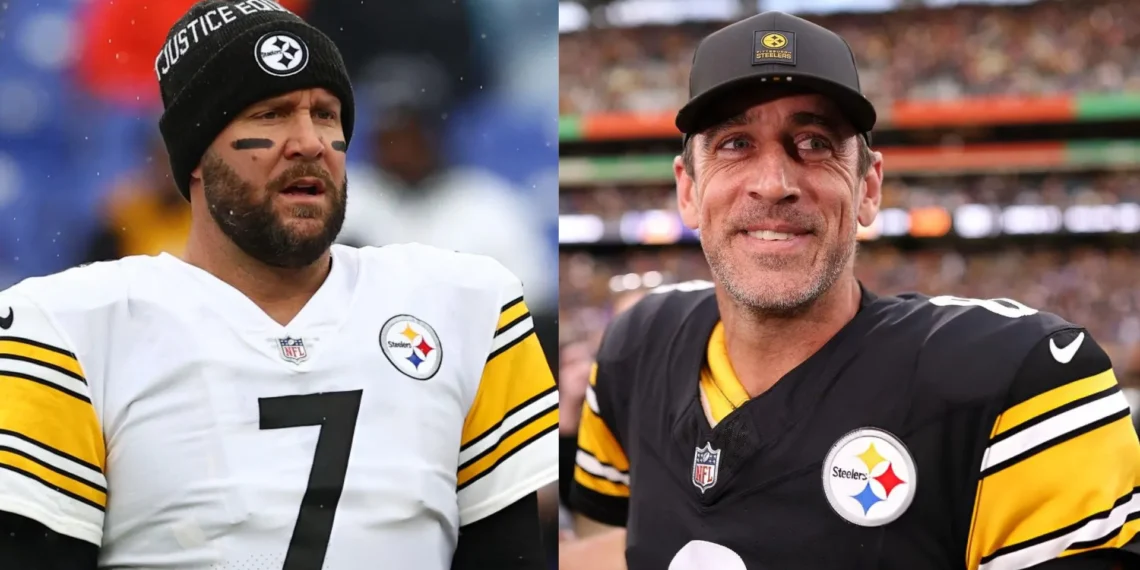 Ben Roethlisberger #7 of the Pittsburgh Steelers warms up before the game against the Baltimore Ravens at M&T Bank Stadium on January 09, 2022 in Baltimore, Maryland. (Photo by Todd Olszewski/Getty Images) And Aaron Rodgers of Pittsburgh Steelers (#8) looks on following the NFL 2025 game between Minnesota Vikings and Pittsburgh Steelers at Croke Park on September 28, 2025 in Dublin, Ireland. (Photo by Jack Thomas/Getty Images)