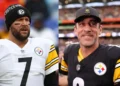 Ben Roethlisberger #7 of the Pittsburgh Steelers warms up before the game against the Baltimore Ravens at M&T Bank Stadium on January 09, 2022 in Baltimore, Maryland. (Photo by Todd Olszewski/Getty Images) And Aaron Rodgers of Pittsburgh Steelers (#8) looks on following the NFL 2025 game between Minnesota Vikings and Pittsburgh Steelers at Croke Park on September 28, 2025 in Dublin, Ireland. (Photo by Jack Thomas/Getty Images)