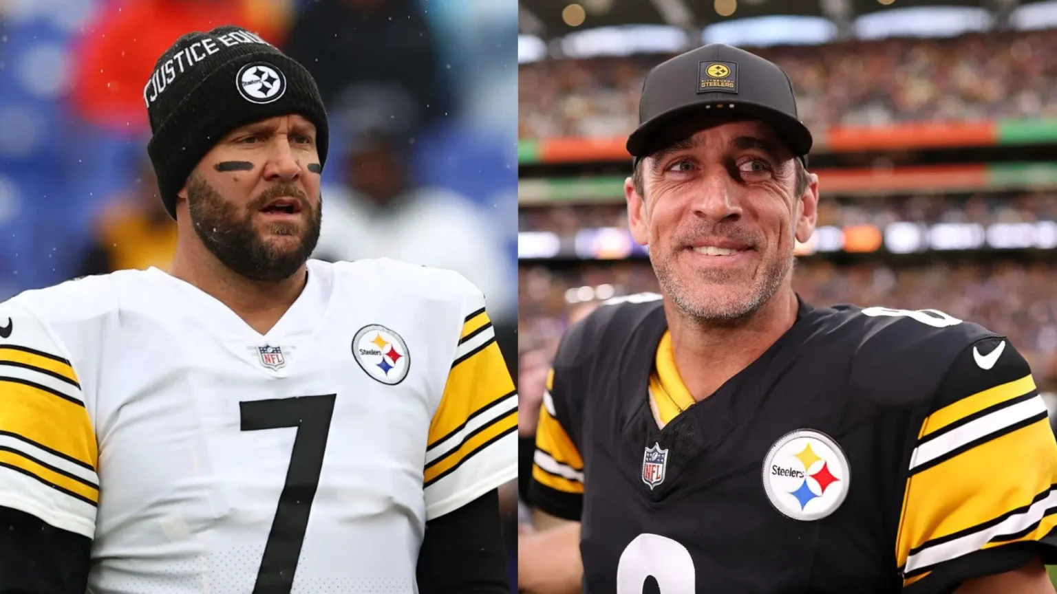 Ben Roethlisberger #7 of the Pittsburgh Steelers warms up before the game against the Baltimore Ravens at M&T Bank Stadium on January 09, 2022 in Baltimore, Maryland. (Photo by Todd Olszewski/Getty Images) And Aaron Rodgers of Pittsburgh Steelers (#8) looks on following the NFL 2025 game between Minnesota Vikings and Pittsburgh Steelers at Croke Park on September 28, 2025 in Dublin, Ireland. (Photo by Jack Thomas/Getty Images)