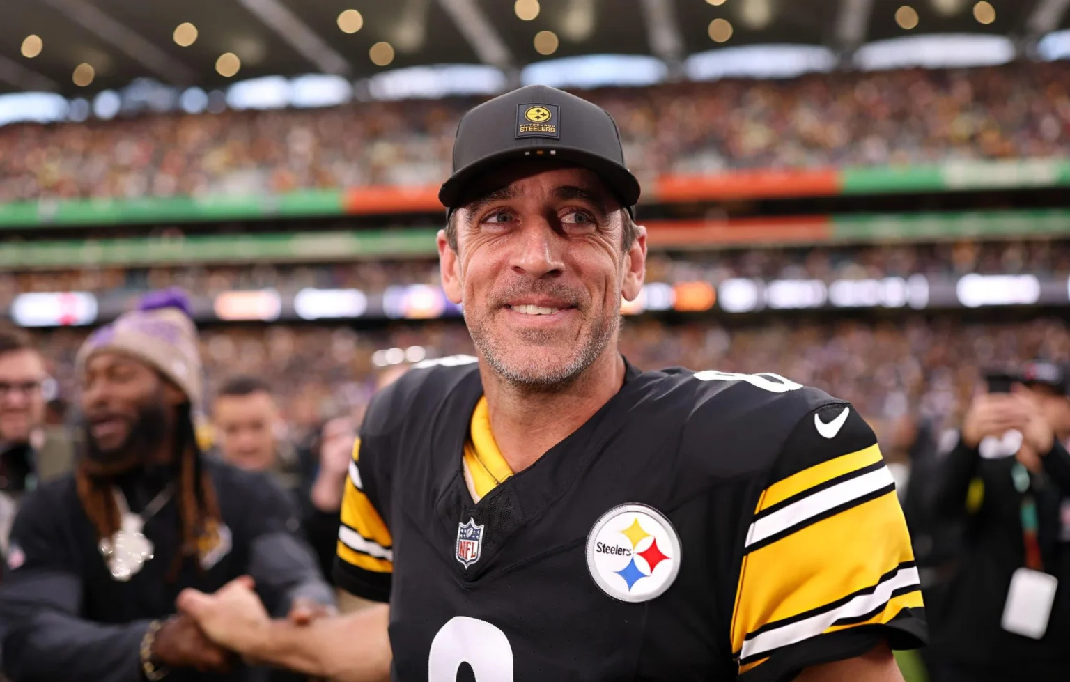 Aaron Rodgers of Pittsburgh Steelers (#8) looks on following the NFL 2025 game between Minnesota Vikings and Pittsburgh Steelers at Croke Park on September 28, 2025 in Dublin, Ireland. (Photo by Jack Thomas/Getty Images)