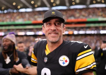 Aaron Rodgers of Pittsburgh Steelers (#8) looks on following the NFL 2025 game between Minnesota Vikings and Pittsburgh Steelers at Croke Park on September 28, 2025 in Dublin, Ireland. (Photo by Jack Thomas/Getty Images)