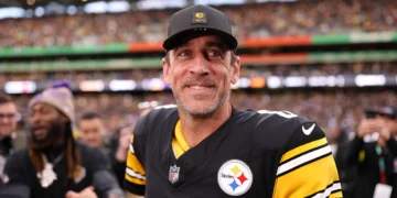Aaron Rodgers of Pittsburgh Steelers (#8) looks on following the NFL 2025 game between Minnesota Vikings and Pittsburgh Steelers at Croke Park on September 28, 2025 in Dublin, Ireland. (Photo by Jack Thomas/Getty Images)