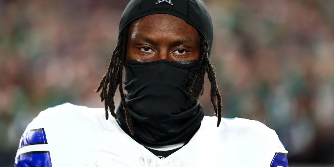 George Pickens #3 of the Dallas Cowboys stands on the sidelines during the national anthem prior to an NFL football game against the Philadelphia Eagles at Lincoln Financial Field in Philadelphia, Pennsylvania.