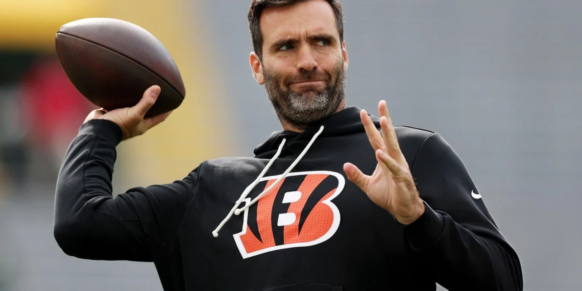Joe Flacco #16 of the Cincinnati Bengals warms up before the game against the Green Bay Packers at Lambeau Field in Green Bay, Wisconsin. (Photo by Michael Reaves/Getty Images)