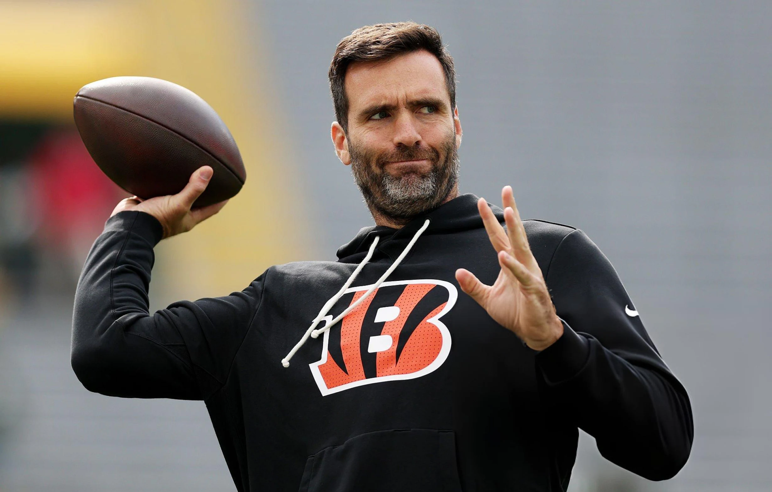Joe Flacco #16 of the Cincinnati Bengals warms up before the game against the Green Bay Packers at Lambeau Field in Green Bay, Wisconsin. (Photo by Michael Reaves/Getty Images)