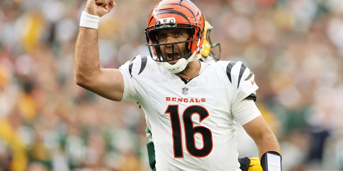 Joe Flacco #16 of the Cincinnati Bengals reacts during the third quarter in the game against the Green Bay Packers at Lambeau Field in Green Bay, Wisconsin. (Photo by Michael Reaves/Getty Images)