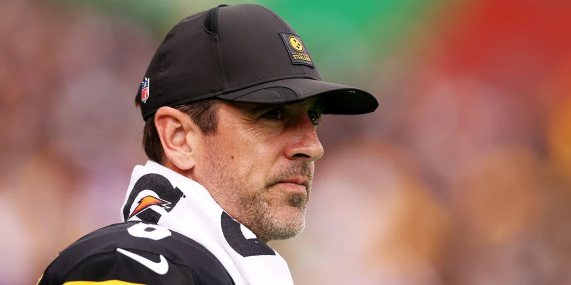 #8 Aaron Rodgers of Pittsburgh Steelers looks on as he walks out for the third quarter during the NFL 2025 game between Minnesota Vikings and Pittsburgh Steelers at Croke Park on September 28, 2025 in Dublin, Ireland.(Photo by Jack Thomas/Getty Images)