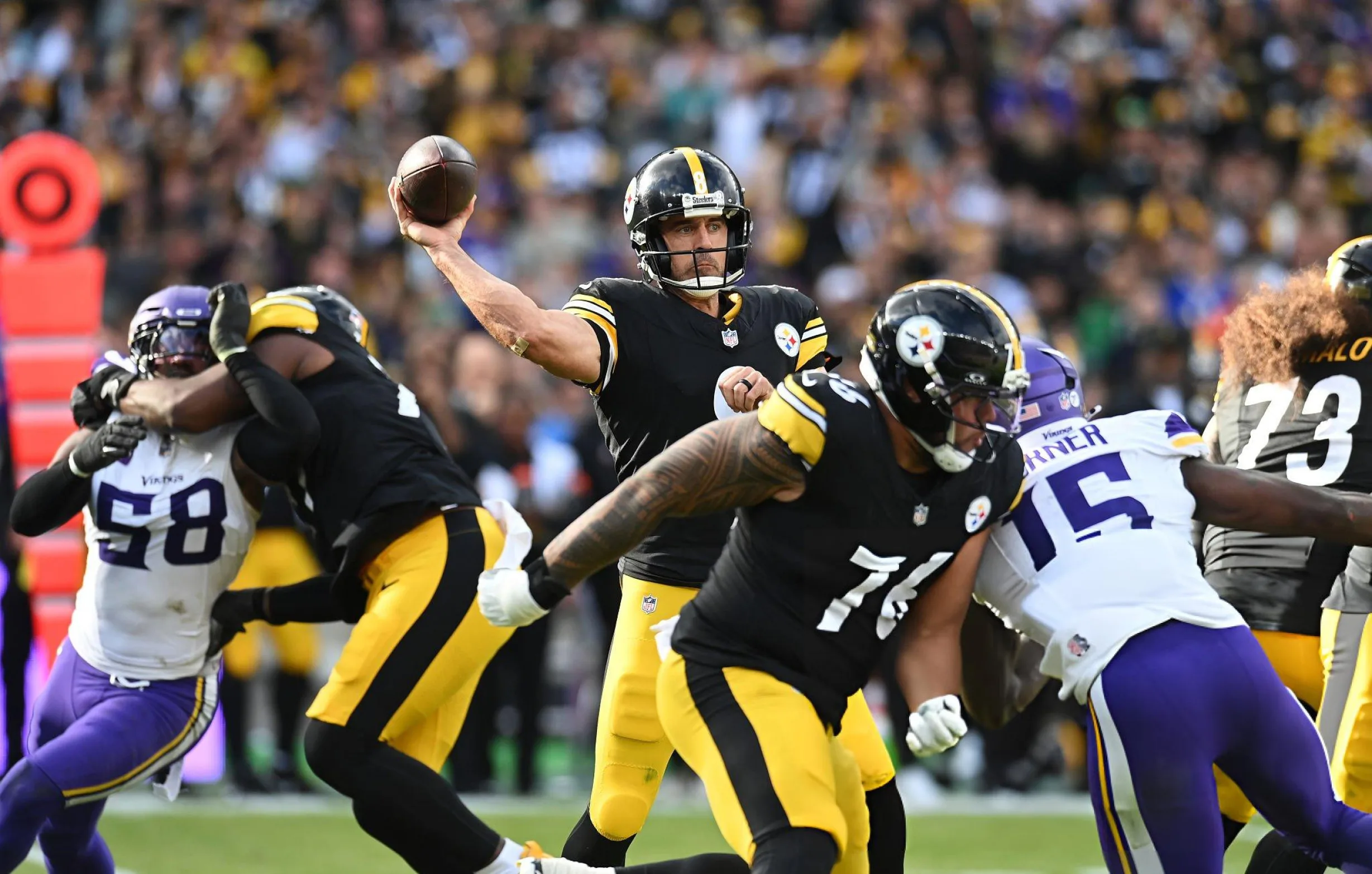 Aaron Rodgers of Pittsburgh Steelers (#8) makes a pass during the NFL 2025 game between Minnesota Vikings and Pittsburgh Steelers at Croke Park on September 28, 2025 in Dublin, Ireland. (Photo by Charles McQuillan/Getty Images)