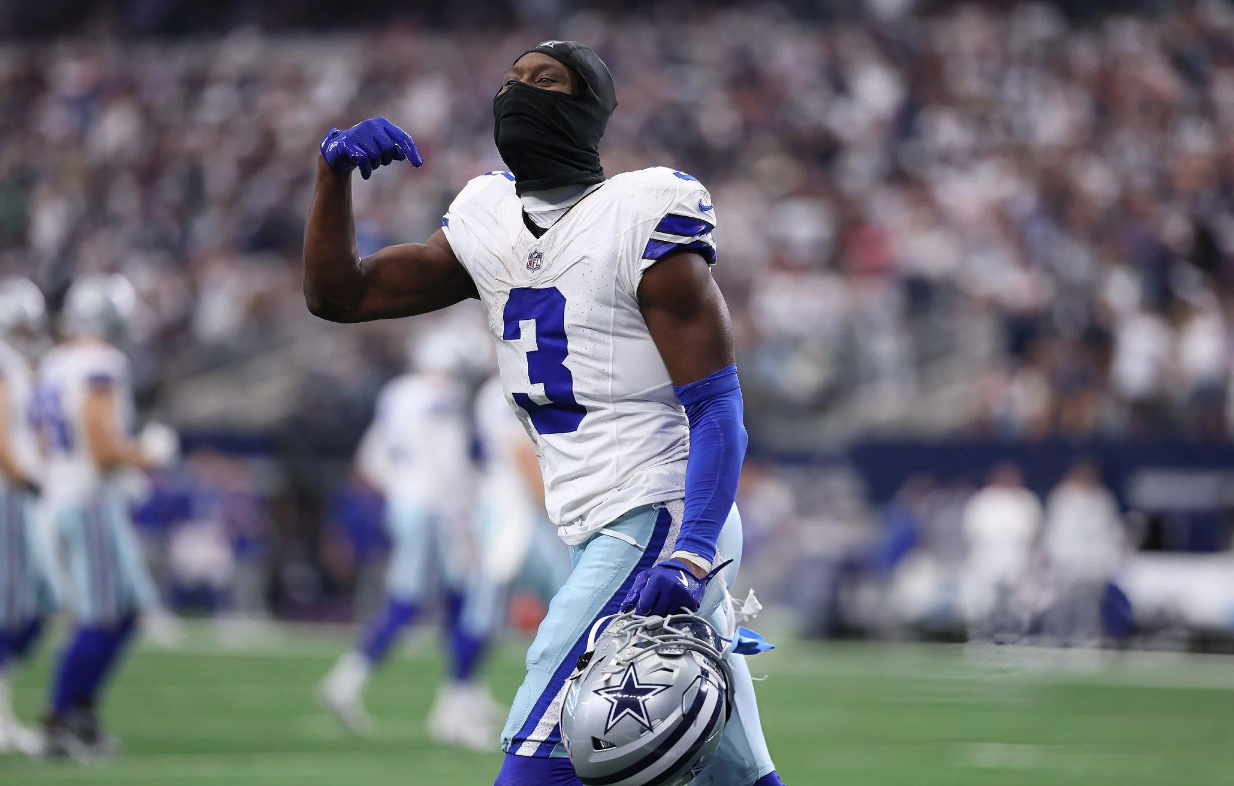 George Pickens #3 of the Dallas Cowboys reacts after scoring a touchdown during the second half of the NFL 2025 game against the New York Giants at AT&T Stadium on September 14, 2025 in Arlington, Texas. (Photo by Sam Hodde/Getty Images)