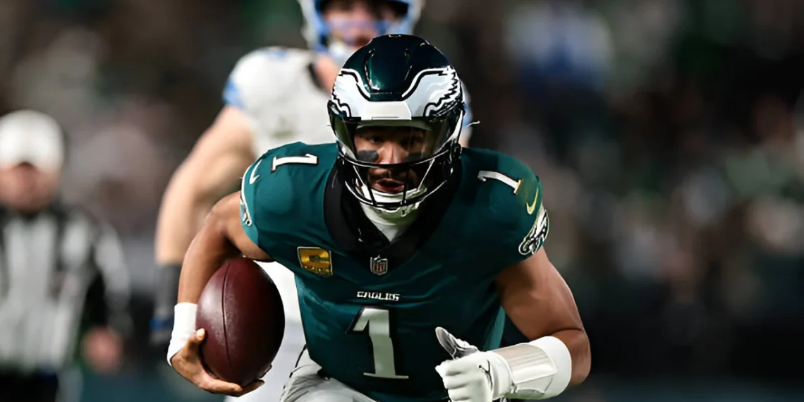 Jalen Hurts #1 of the Philadelphia Eagles runs with the ball during the second quarter against the Detroit Lions at Lincoln Financial Field on November 16, 2025 in Philadelphia, Pennsylvania.
