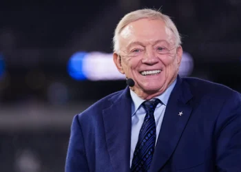 Dallas Cowboys owner Jerry Jones looks on from the broadcast set prior to an NFL football game between the Arizona Cardinals and the Dallas Cowboys at AT&T Stadium on November 3, 2025 in Arlington, Texas.