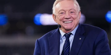 Dallas Cowboys owner Jerry Jones looks on from the broadcast set prior to an NFL football game between the Arizona Cardinals and the Dallas Cowboys at AT&T Stadium on November 3, 2025 in Arlington, Texas.