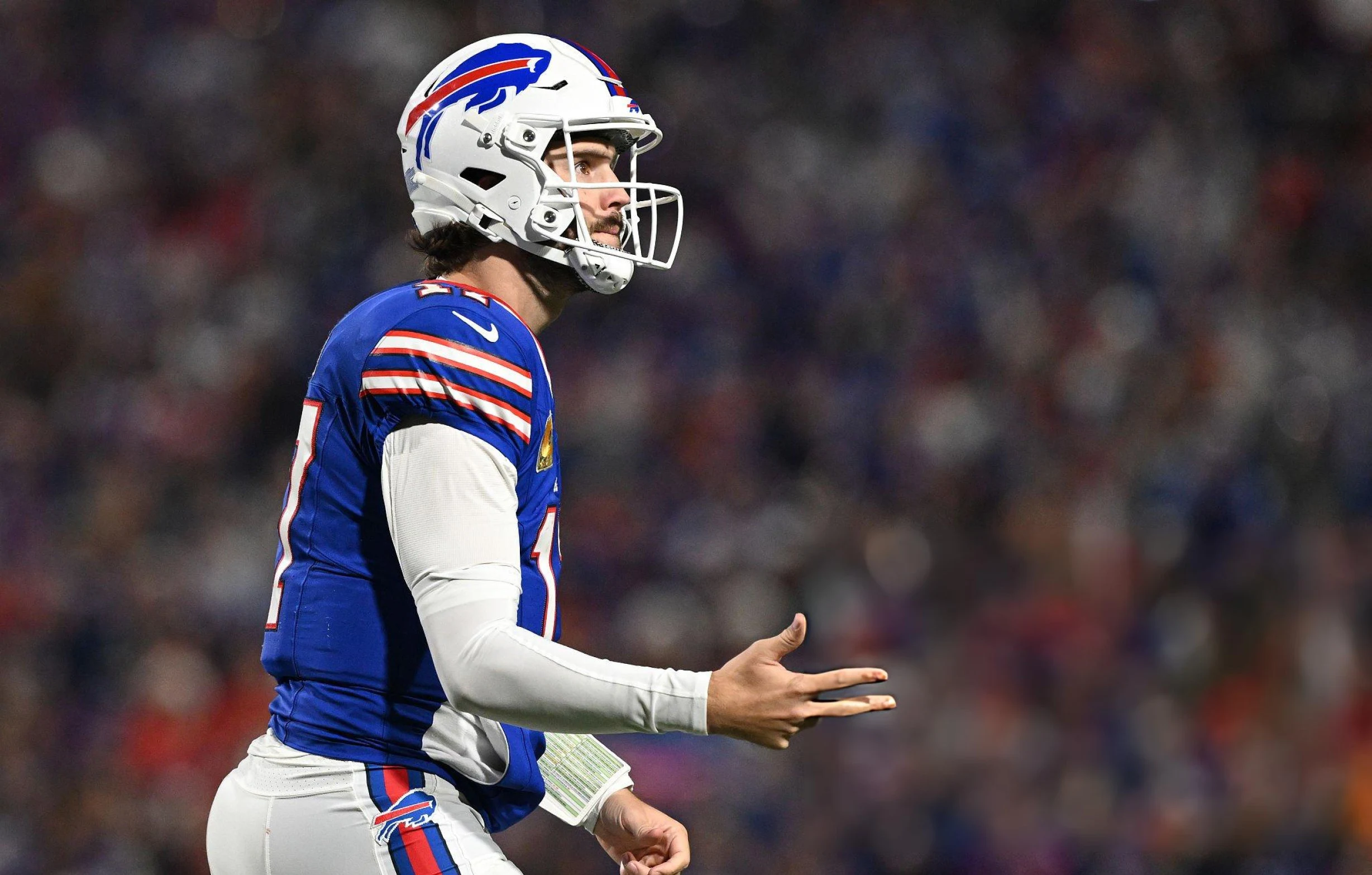 Josh Allen #17 of the Buffalo Bills reacts after scoring a touchdown during the second quarter in the game against the Kansas City Chiefs at Highmark Stadium on November 02, 2025 in Orchard Park, New York.