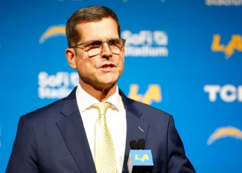 Newly appointed head coach Jim Harbaugh of the Los Angeles Chargers speaks to the media during a press conference at YouTube Theater in Inglewood, California.