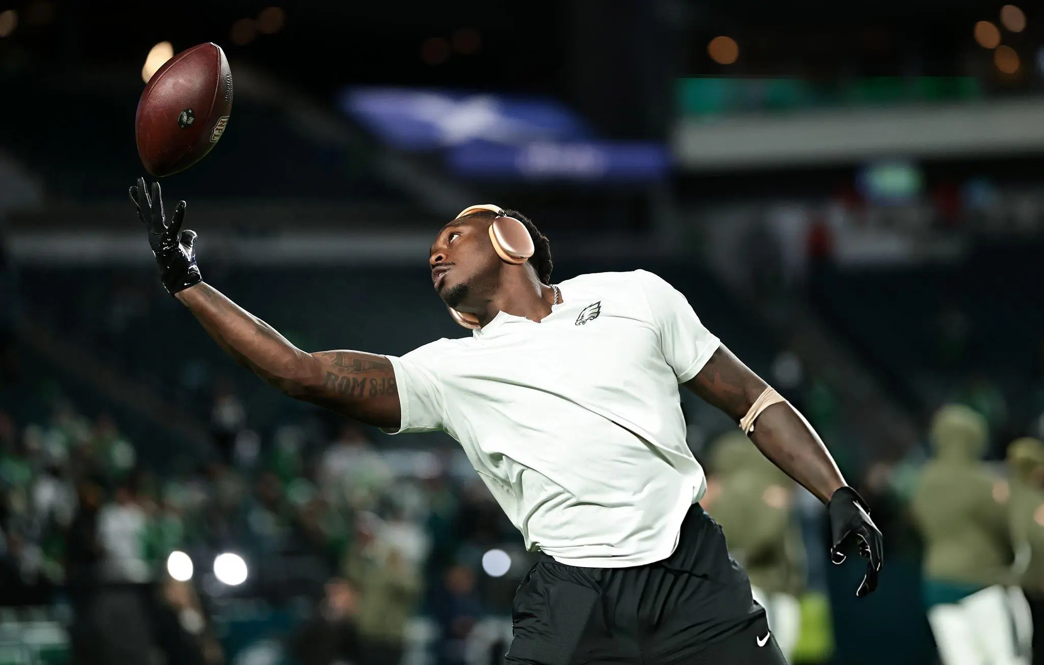 A.J. Brown #11 of the Philadelphia Eagles warms up prior to the game against the Detroit Lions at Lincoln Financial Field in Philadelphia, Pennsylvania.
