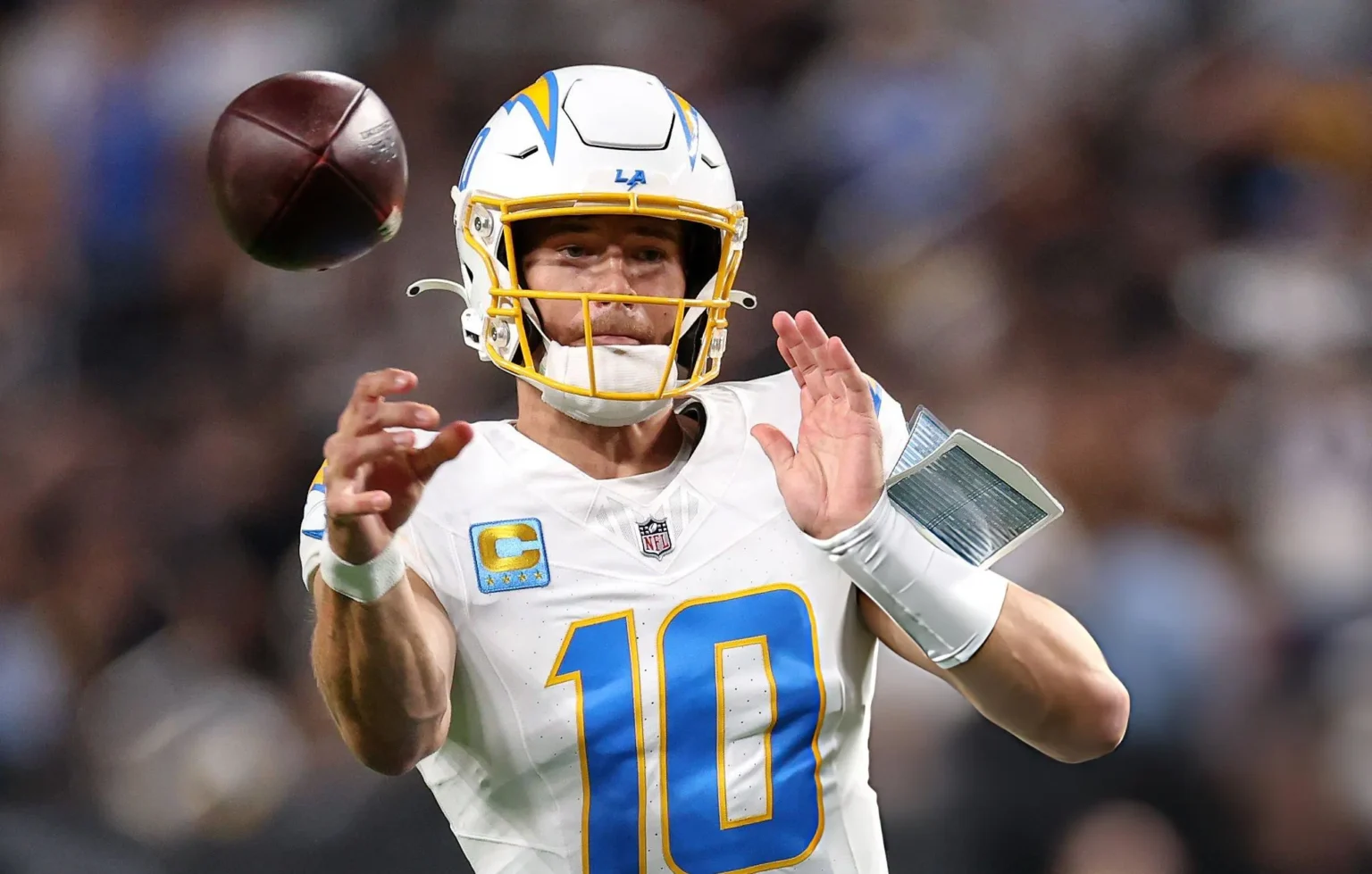 Justin Herbert Gets Emotional Message From Brother Patrick Ahead of NFL Sibling Showdown Justin Herbert #10 of the Los Angeles Chargers throws a pass against the Las Vegas Raiders during the first quarter at Allegiant Stadium in Las Vegas, Nevada. (Photo by Sean M. Haffey/Getty Images)