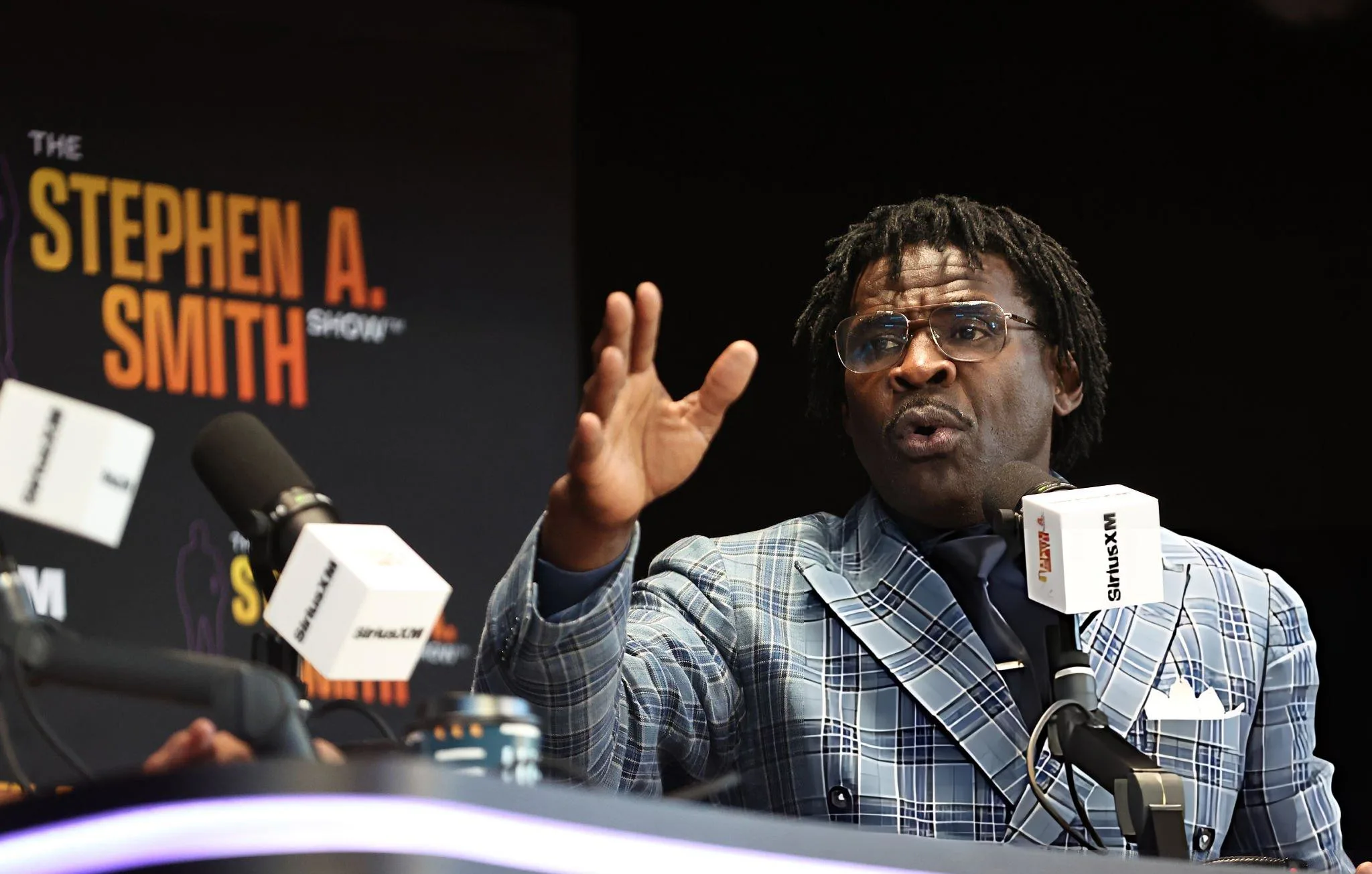 Michael Irvin speaks as Stephen A. Smith broadcasts his SiriusXM Mad Dog Sports Radio Show Live at Texas Live! on November 3, 2025 in Arlington, Texas. (Photo by Omar Vega/Getty Images for SiriusXM)