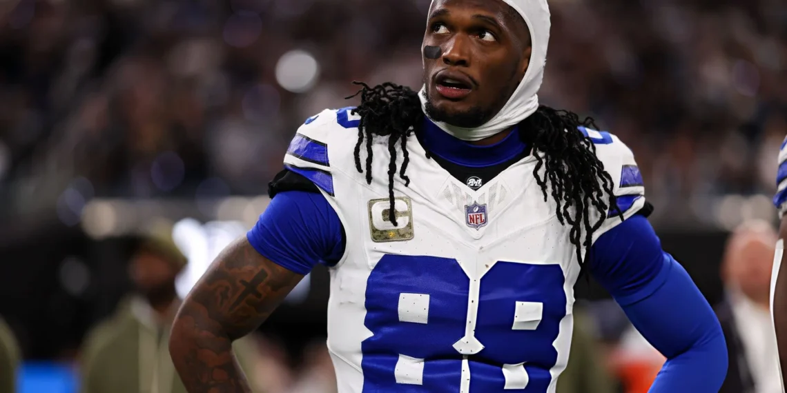 CeeDee Lamb #88 of the Dallas Cowboys stands on the sideline during the national anthem prior to the game against the Las Vegas Raiders at Allegiant Stadium on November 17, 2025 in Las Vegas, Nevada. (Photo by Brooke Sutton/Getty Images)
