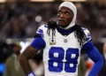 CeeDee Lamb #88 of the Dallas Cowboys stands on the sideline during the national anthem prior to the game against the Las Vegas Raiders at Allegiant Stadium on November 17, 2025 in Las Vegas, Nevada. (Photo by Brooke Sutton/Getty Images)