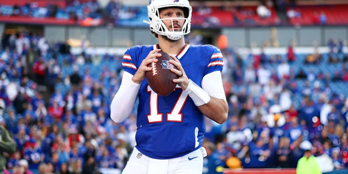 Josh Allen #17 of the Buffalo Bills warms up prior to the game against the Kansas City Chiefs at Highmark Stadium on November 2, 2025 in Orchard Park, New York.