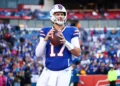 Josh Allen #17 of the Buffalo Bills warms up prior to the game against the Kansas City Chiefs at Highmark Stadium on November 2, 2025 in Orchard Park, New York.