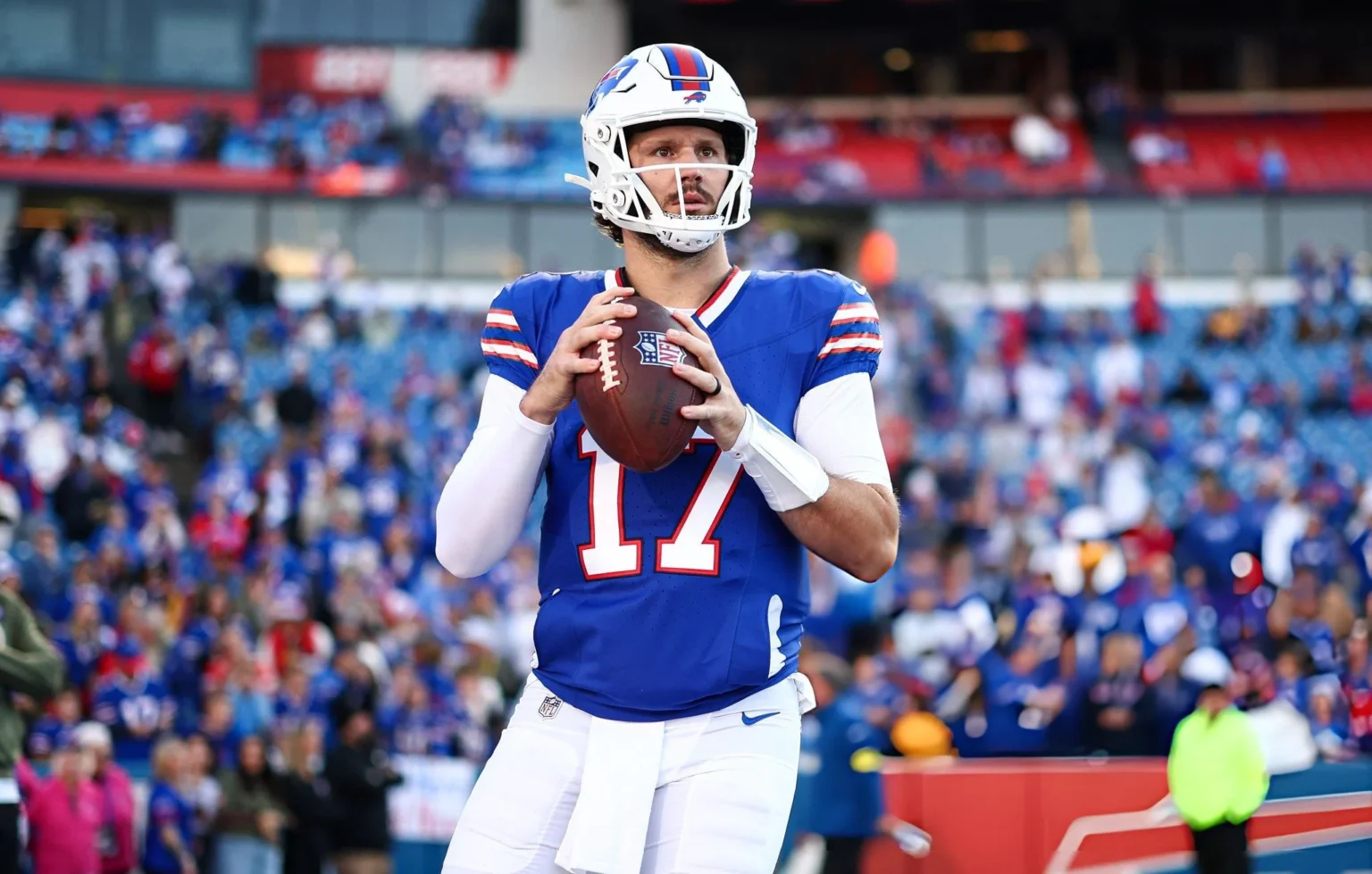 Josh Allen #17 of the Buffalo Bills warms up prior to the game against the Kansas City Chiefs at Highmark Stadium on November 2, 2025 in Orchard Park, New York.