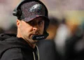 Philadelphia Eagles offensive coordinator Kevin Patullo looks on before the NFL game between the Minnesota Vikings and Philadelphia Eagles at U.S. Bank Stadium in Minneapolis, MN. (Photo by Bailey Hillesheim/Icon Sportswire via Getty Images)