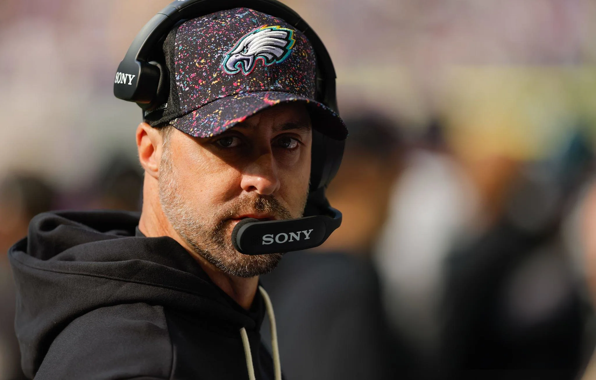 Philadelphia Eagles offensive coordinator Kevin Patullo looks on before the NFL game between the Minnesota Vikings and Philadelphia Eagles at U.S. Bank Stadium in Minneapolis, MN. (Photo by Bailey Hillesheim/Icon Sportswire via Getty Images)