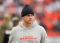 Joe Burrow #9 of the Cincinnati Bengals walks across the field during the second quarter against the Chicago Bears in the game at Paycor Stadium on November 02, 2025 in Cincinnati, Ohio. (Photo by Dylan Buell/Getty Images)