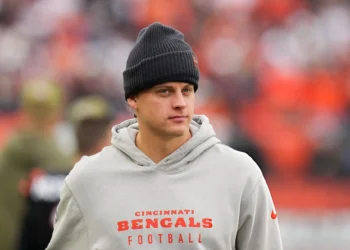 Joe Burrow #9 of the Cincinnati Bengals walks across the field during the second quarter against the Chicago Bears in the game at Paycor Stadium on November 02, 2025 in Cincinnati, Ohio. (Photo by Dylan Buell/Getty Images)