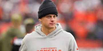Joe Burrow #9 of the Cincinnati Bengals walks across the field during the second quarter against the Chicago Bears in the game at Paycor Stadium on November 02, 2025 in Cincinnati, Ohio. (Photo by Dylan Buell/Getty Images)