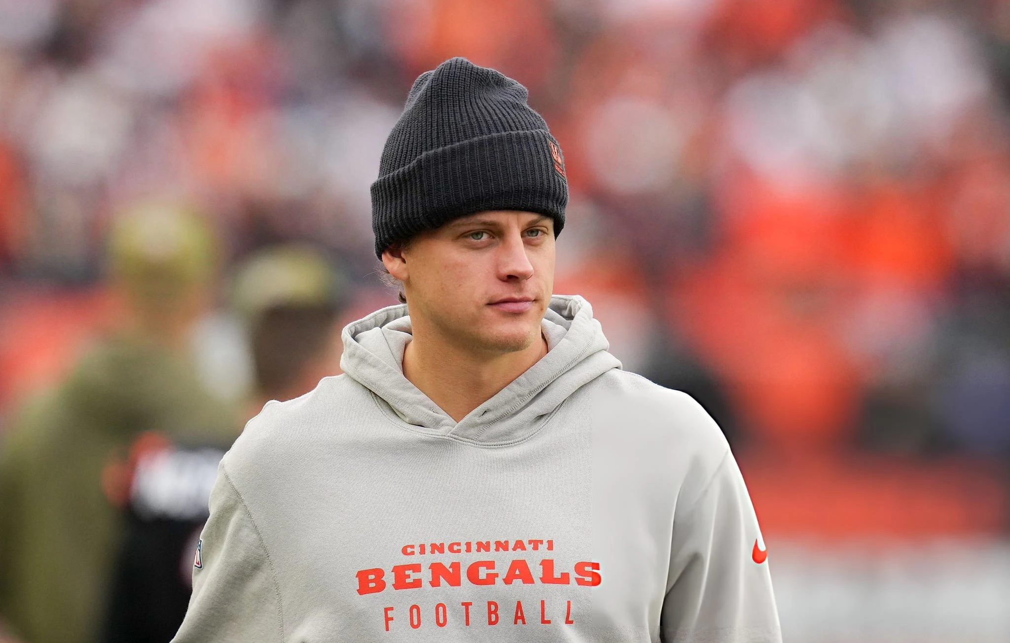 Joe Burrow #9 of the Cincinnati Bengals walks across the field during the second quarter against the Chicago Bears in the game at Paycor Stadium on November 02, 2025 in Cincinnati, Ohio. (Photo by Dylan Buell/Getty Images)