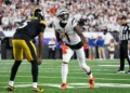 Ja'Marr Chase #1 of the Cincinnati Bengals lines up for a play opposite Jalen Ramsey #5 of the Pittsburgh Steelers during the fourth quarter in the game at Paycor Stadium on October 16, 2025 in Cincinnati, Ohio.