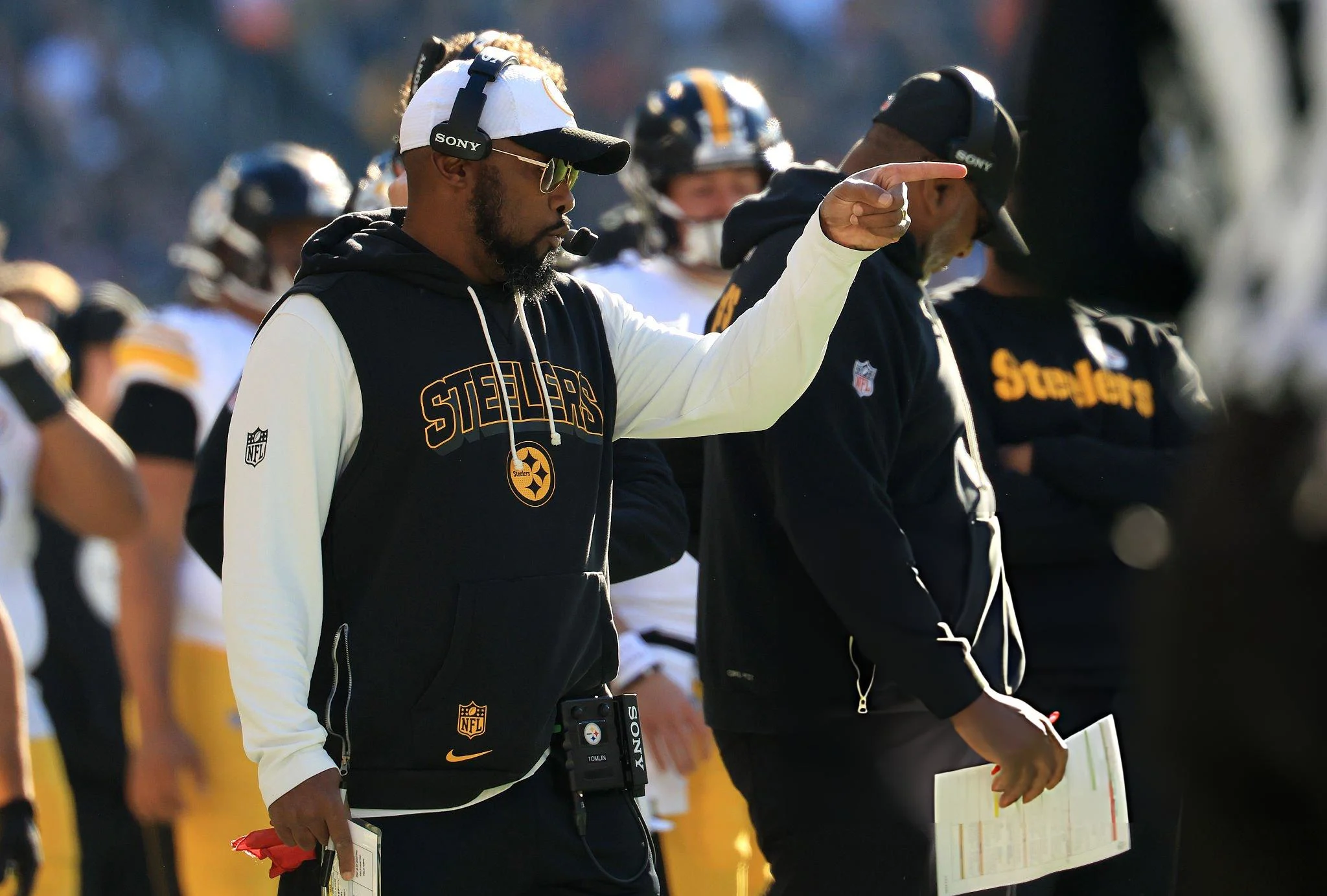 Head coach Mike Tomlin of the Pittsburgh Steelers reacts during the first quarter during a game against the Chicago Bears at Soldier Field on November 23, 2025 in Chicago, Illinois. (Photo by Justin Casterline/Getty Images)