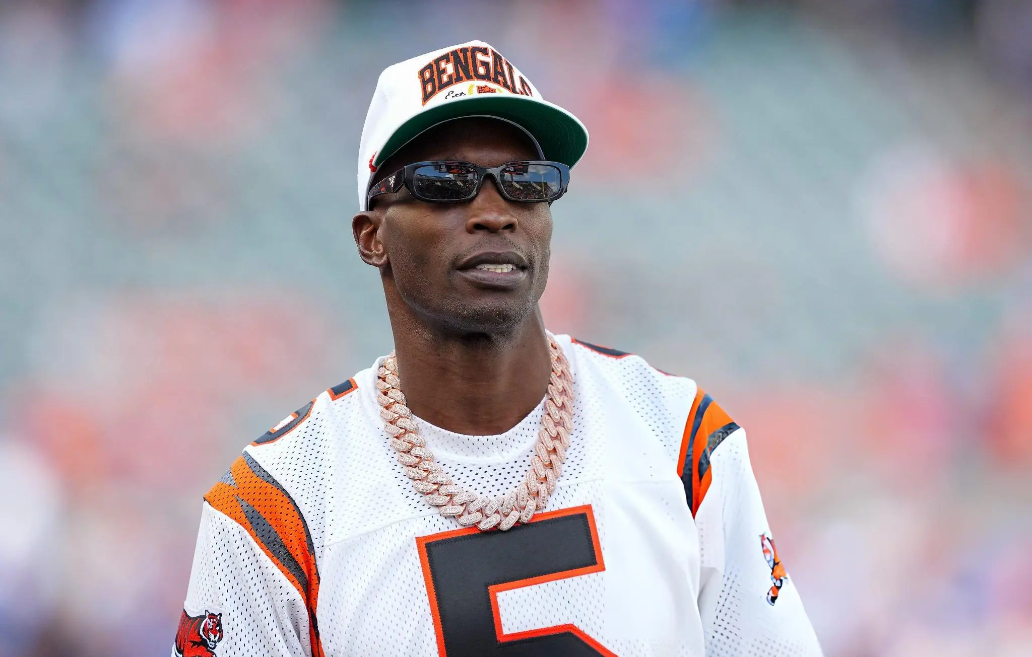 Former Cincinnati Bengals Chad Ochocinco Johnson looks on before the game between the Detroit Lions and the Cincinnati Bengals at Paycor Stadium on October 05, 2025 in Cincinnati, Ohio.