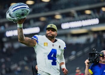 Dak Prescott #4 of the Dallas Cowboys celebrates after defeating the Las Vegas Raiders during an NFL football game at Allegiant Stadium on November 17, 2025 in Las Vegas, Nevada. (Photo by Cooper Neill/Getty Images)