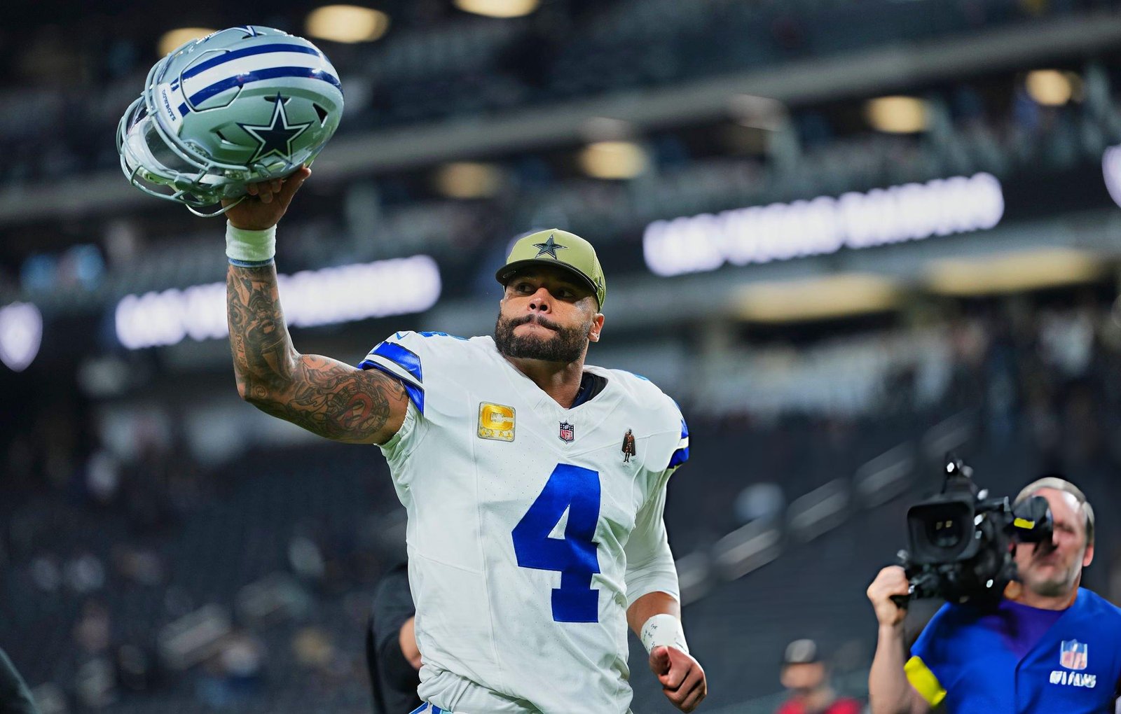 Dak Prescott #4 of the Dallas Cowboys celebrates after defeating the Las Vegas Raiders during an NFL football game at Allegiant Stadium on November 17, 2025 in Las Vegas, Nevada. (Photo by Cooper Neill/Getty Images)