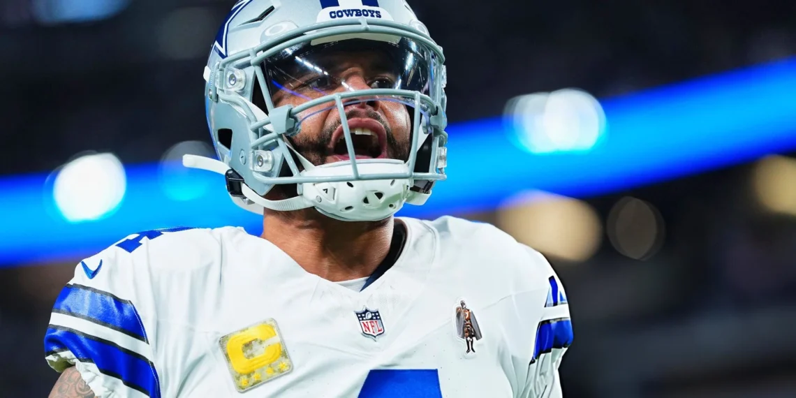 Dak Prescott #4 of the Dallas Cowboys warms up before kickoff against the Las Vegas Raiders during an NFL football game at Allegiant Stadium on November 17, 2025 in Las Vegas, Nevada. (Photo by Cooper Neill/Getty Images)