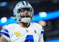 Dak Prescott #4 of the Dallas Cowboys warms up before kickoff against the Las Vegas Raiders during an NFL football game at Allegiant Stadium on November 17, 2025 in Las Vegas, Nevada. (Photo by Cooper Neill/Getty Images)