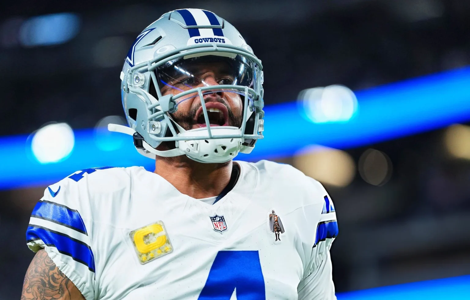 Dak Prescott #4 of the Dallas Cowboys warms up before kickoff against the Las Vegas Raiders during an NFL football game at Allegiant Stadium on November 17, 2025 in Las Vegas, Nevada. (Photo by Cooper Neill/Getty Images)